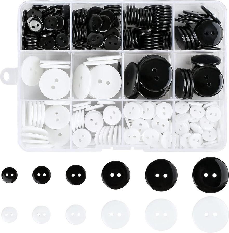 336 Stuks Zwarte-Witte Ronde Naai Knopen van Hars 4 Gaten Basis Knopen Grote Knopen Breinaalden Craft (10-115-125-18-20-23 mm) Knopen