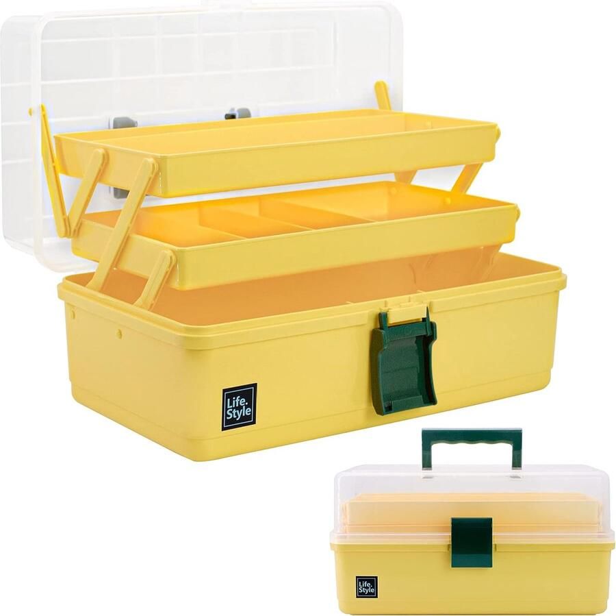 33cm multifunctionele opbergdoos met 3 planken sorteerdoos organizerdoos knutseldoos naaidoos medicijnkoffer gereedschapskist viskoffer met 2 planken (geel)