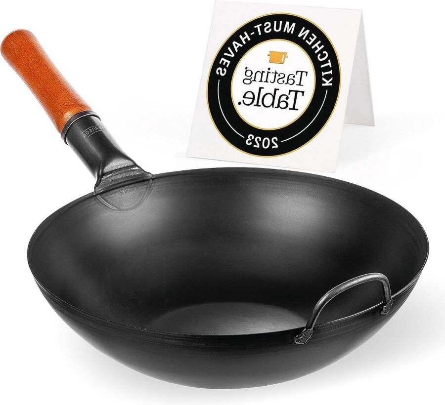 34 cm Koolstofstalen Wokpan en Roerbakpannen Voorbehandelde Pow Wok Platte Bodem Inductie Geschikt Traditionele Chinese Wok Groot formaat Gas Inductie Elektrisch Vuur