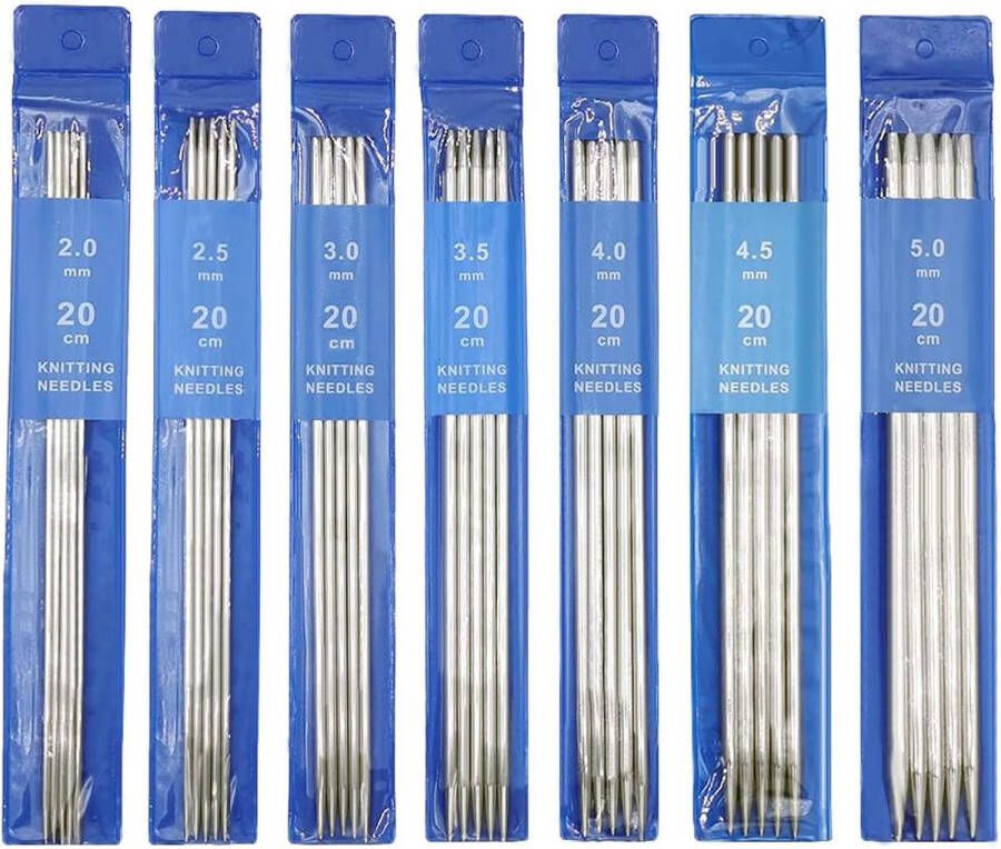 35 Stks Haak Haken RVS Sheel Dubbele Puntige Breinaalden Kit 20cm Lengte 7 Maten Dubbele Einde Naalden 2.0mm tot 5.0mm voor Beginner DIY Weave Tools Naaien Accessoires