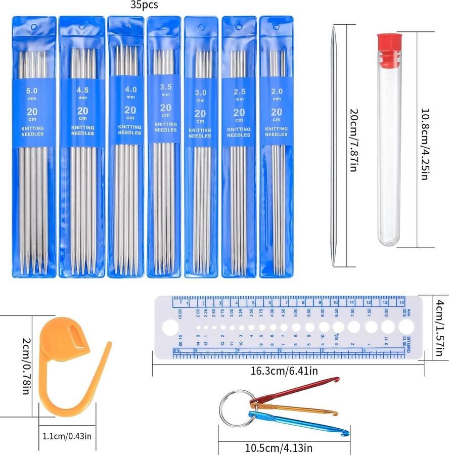 35 stuks breinaalden set met dubbele punten 20 cm breinaalden metalen naalden set voor beginners volwassenen sokken 2 mm 2 5 mm 3 mm 3 5 mm 4 mm 4 5 mm 5 mm