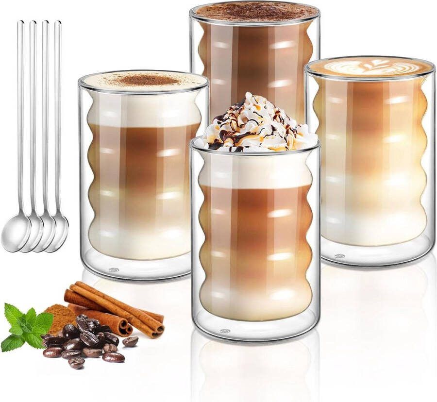 350 ml latte macchiatoglas set van 4 borosilicaatglas dubbelwandige koffieglazen theeglazen lepel cappuccino thee ijs melk bier dubbelwandige theeglazen