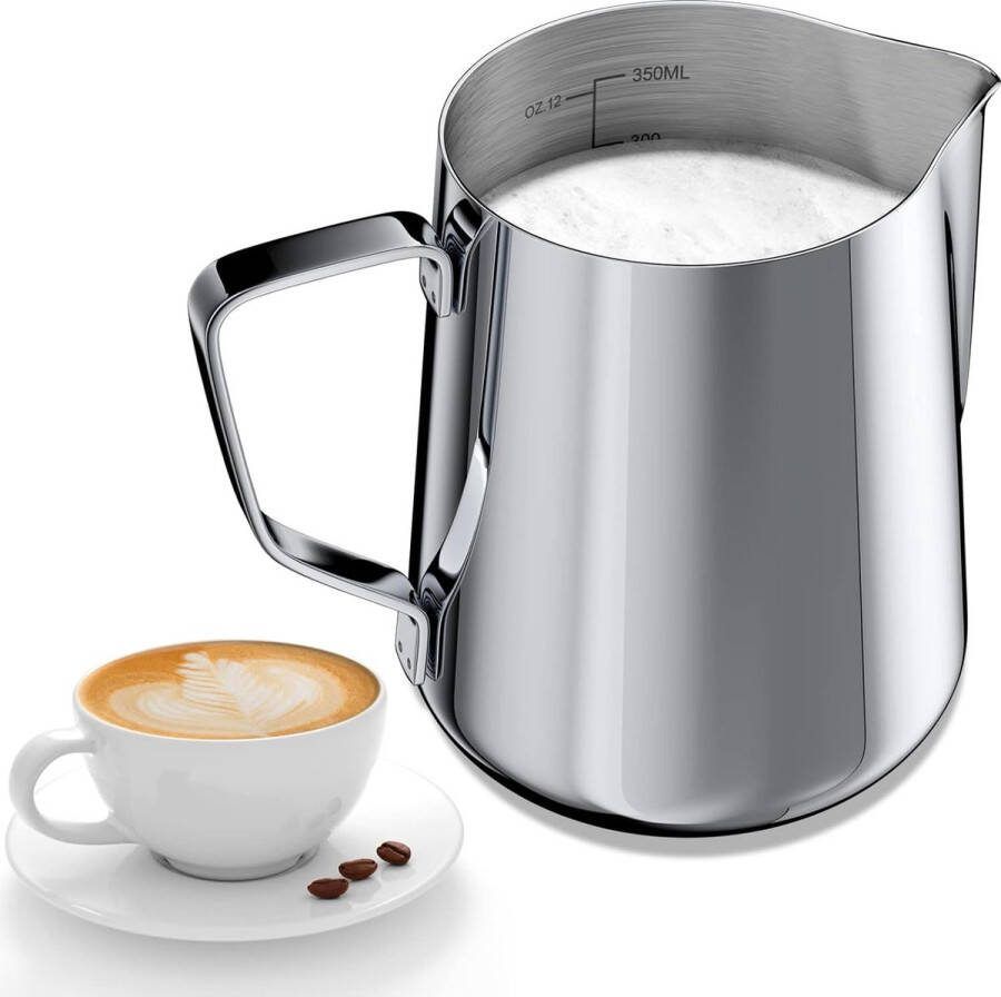 350 ml melkkan voor melkopschuimen 304 roestvrij staal melkkan met maatmarkering 12 oz voor barista melkkan voor cappuccino latte art espresso perfect voor koffieliefhebbers zilver