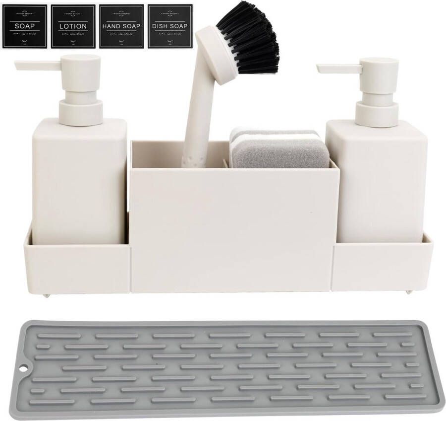 350 ml spoelbak-organizer met borstel zeepdispenser spoelspons keukenafwasmiddeldispenser set van kunststof spoelorganizer met twee zeepdispensers keukengadget organizer (wit)