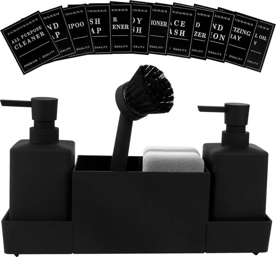 350ML Gootsteenorganizer met borstel zeepdispenserspons keukenvaatwasdispenserset gemaakt van kunststof gootsteenorganizer met twee zeepdispensers keukengadgetorganizer (zwart)