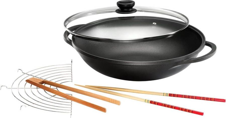 36 cm wokpan gegoten aluminium met Durit-Select-antiaanbaklaag zwart incl. glazen deksel en accessoires