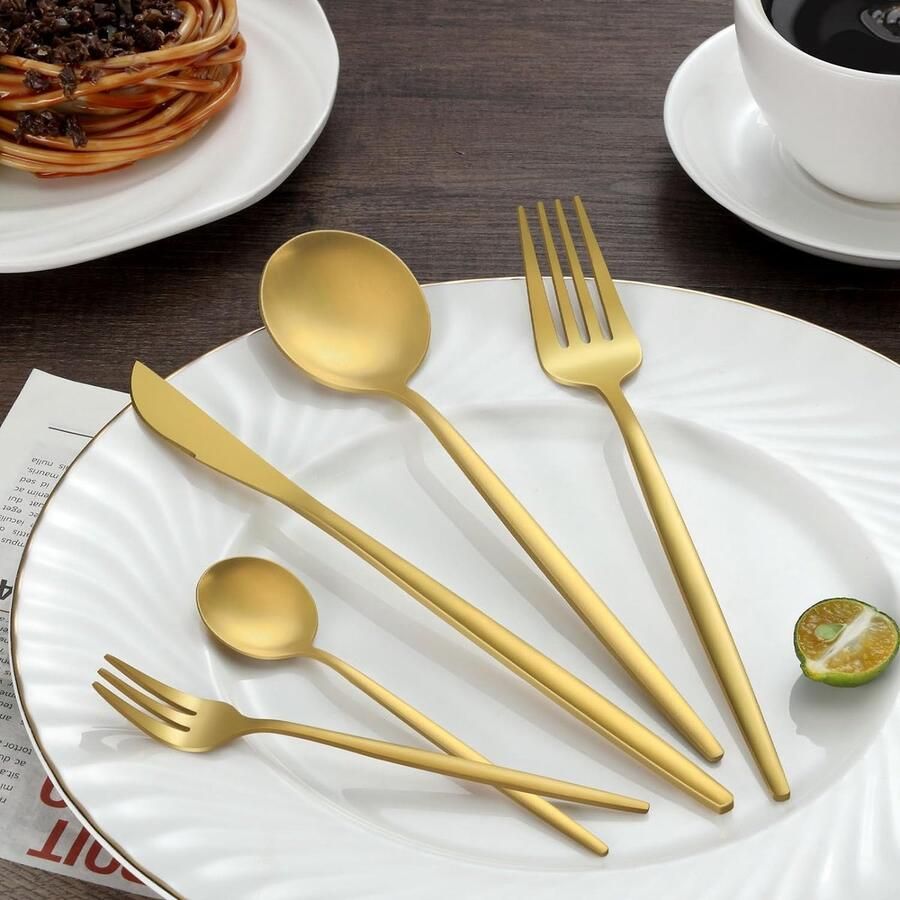 36-delige gouden bestekset met steakmes bestekset voor 6 personen met vorken messen en lepels vaatwasmachinebestendig bestek voor thuiscatering voedselveilig bestek