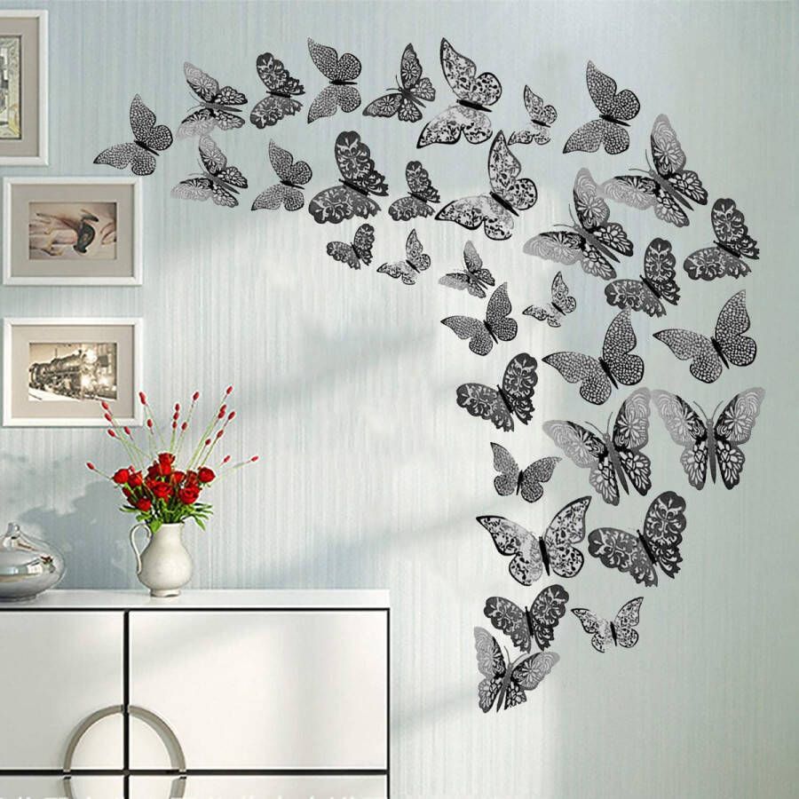 36 stuks donkergrijze 3D vlinder muurstickers metallic kunststicker vlinder muurstickers voor huisdecoratie vlinders koelkaststicker kamerdecoratie feest bruiloft decor