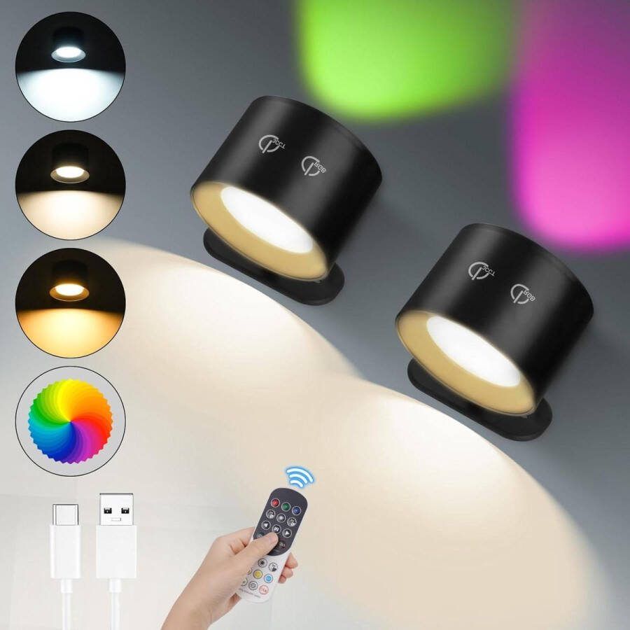 360° Draaibare Bedlamp Oplaadbare LED-wandlamp Afstandsbediening 12 RGB-Kleuren 3 Kleurtemperaturen Nachtkastje Slaapkamer Woonkamer Zwart