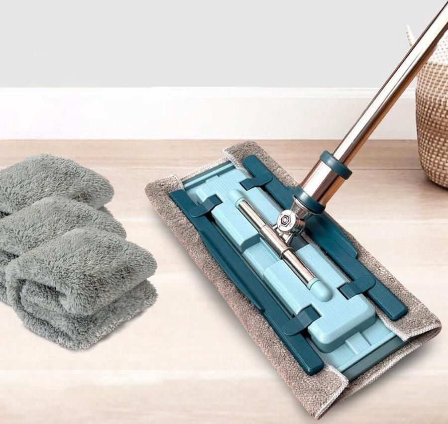 360° draaibare mop Betrouwbaar metalen draaischarnier Telescopische stalen steel Kwaliteitsklemmen 3 stuks microvezel Laminaat Tegels Plinten Blauw