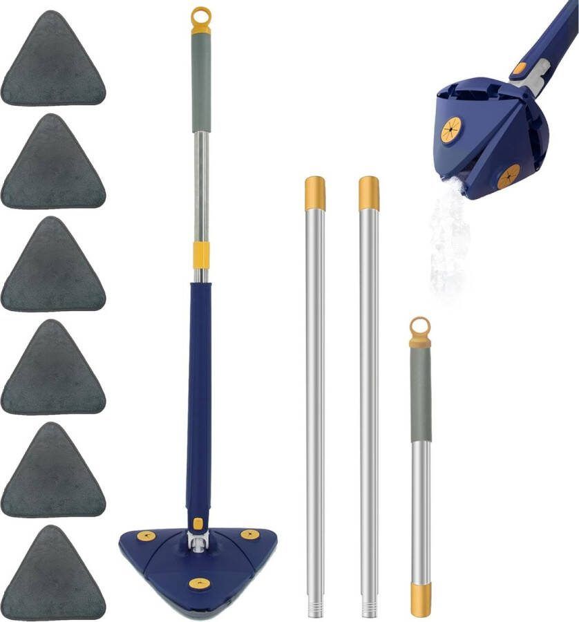 360° draaibare verstelbare reinigingsmop driehoekse mop met wringfunctie driehoekige telescopische spin mopset met 6 vervangende koppen voor vloer plafond muur raam nat en droog (blauw)