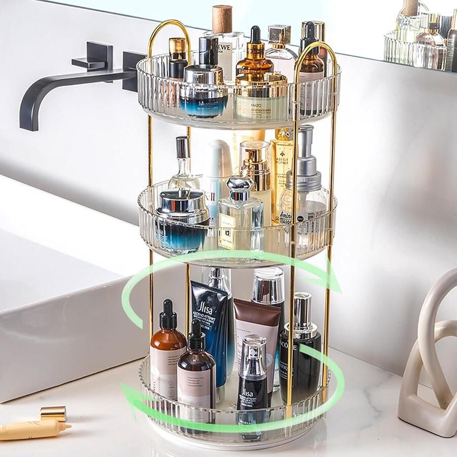 360° Draaiende Make-up Organizer 3 Lagen Opslag Kaptafel voor Huidverzorging en Cosmetica Groot Acryl