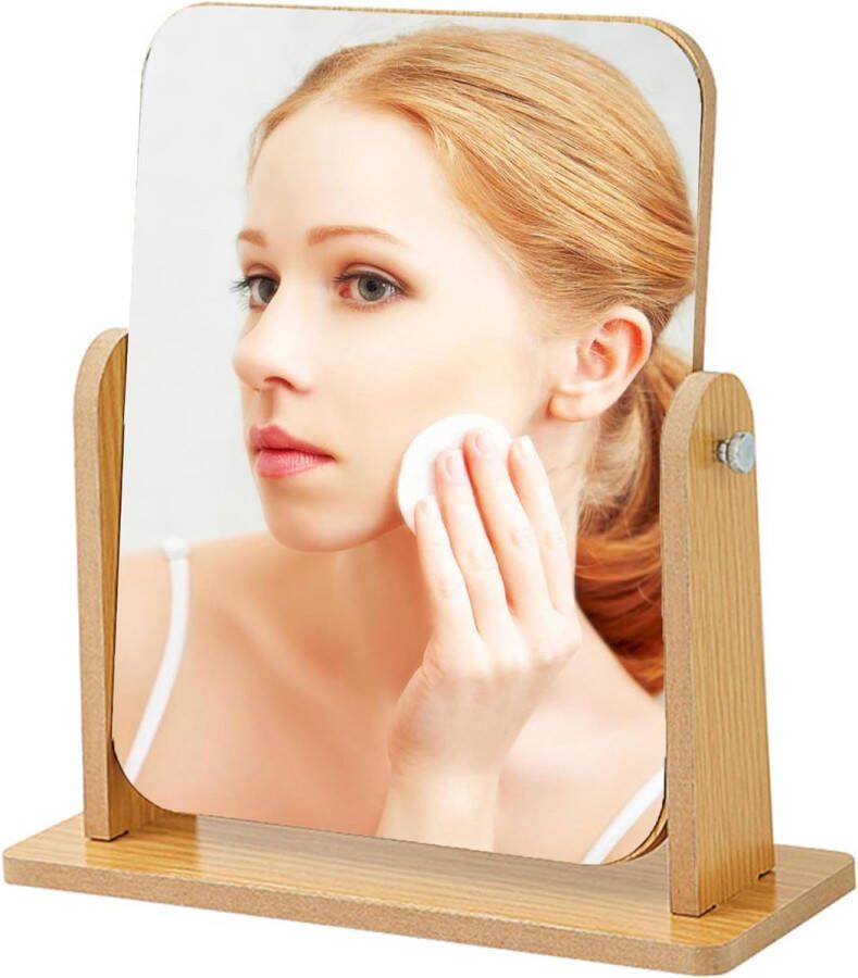 360 Graden Draaibaar Tafelblad Make-up Spiegel met Standaard Houten Vanity Mirror Desktop Spiegel Houten Frame Cosmetische HD Spiegel voor Kantoor Slaapkamer Badkamer Groot