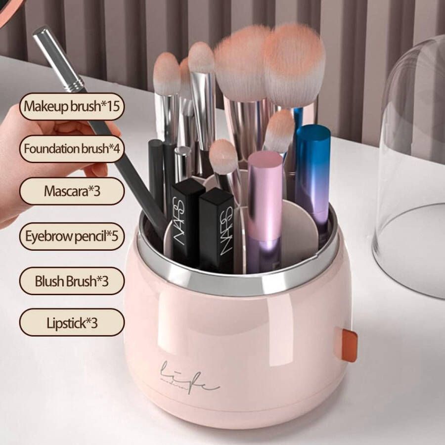 360 graden draaibare cosmetica-make-uporganizer opbergdoos met 6 vakken voor make-upkwastenhouder met helder acryldeksel geschikt voor wasruimtes badkamers make-uptafels (roze)