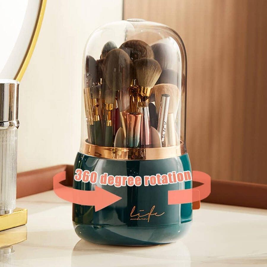 360 graden draaibare cosmetische make-up organizer opbergcontainer met 6 vakken voor cosmetische borstelhouder met helder acryl deksel geschikt voor badkamers kaptafels (donker
