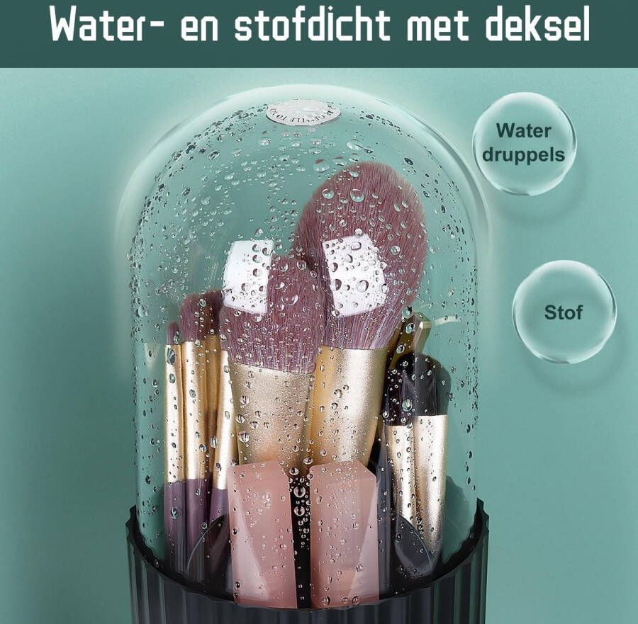 360 Graden Draaibare Make-upborstelhouder Organizer met Deksel Draaibare Make-up Borstel Opbergdoos Display voor Badkamer Ijdelheid Zwart