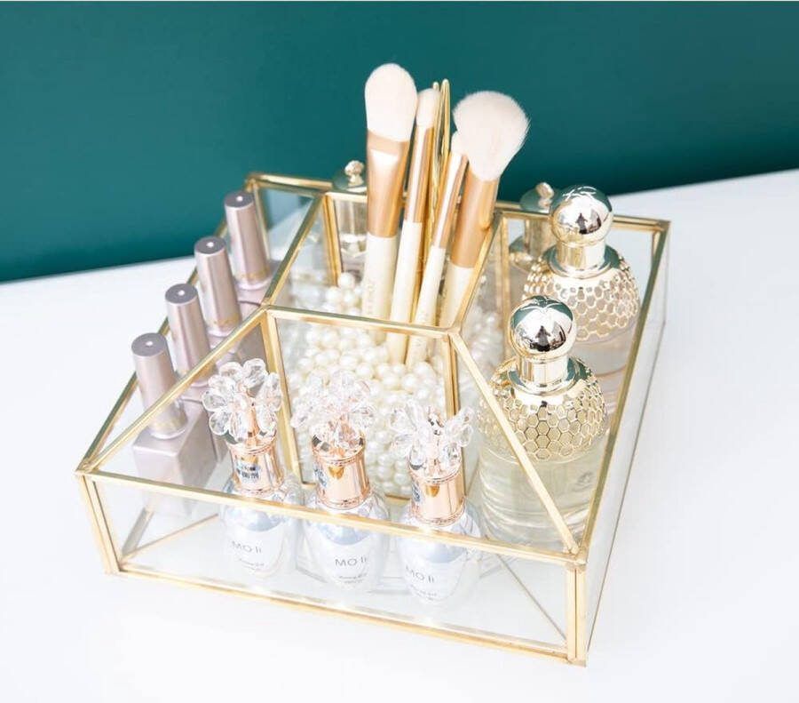 360 graden rotatie make-up organizer glazen cosmetica-organizer werkblad cosmetica opbergdoos spiegel glas beauty display penseelhouder goud