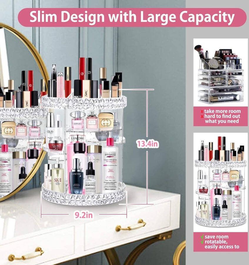 360-graden roterende acryl make-up organiser voor badkamer dressoir helder diamantpatroon