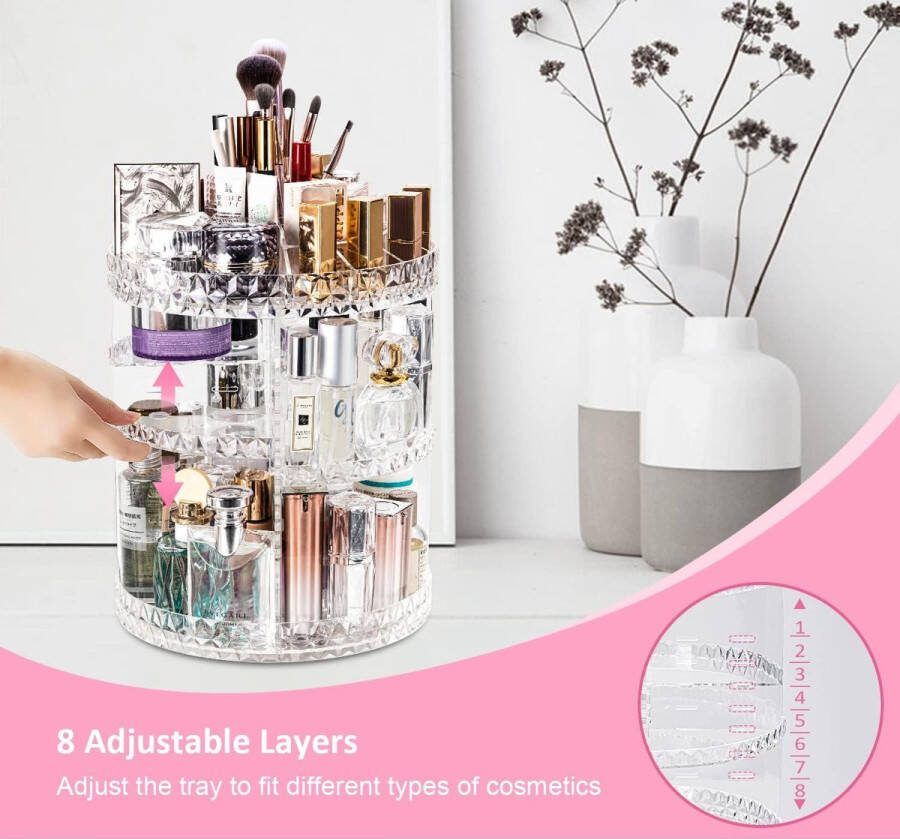 360-graden roterende make-up organizer verstelbaar met 8 lagen voor borstels lippenstift en sieraden helder acryl