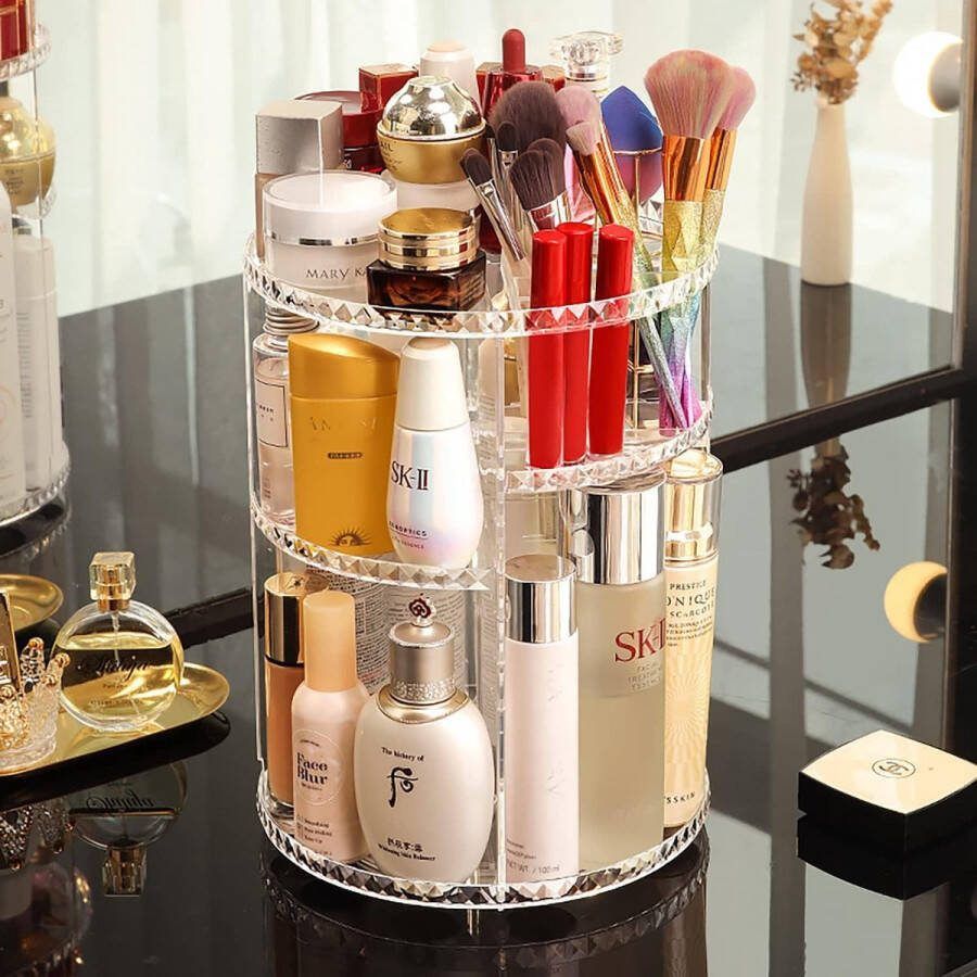 360 Graden Roterende Verstelbare Make-up Organisator Cosmetische Organizer Carrousel Borstel Lippenstift Houder Badkamer Ijdelheid Multifunctioneel Grote Capaciteit Rhombic Pattern