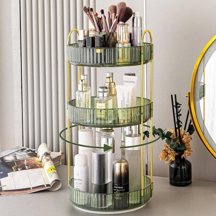 360° roterende make-up cosmetische organizer make-up organizer borstel lippenstift huidverzorging organizer 3-laags cosmetische opbergdoos voor badkamer slaapkamer kaptafel groen