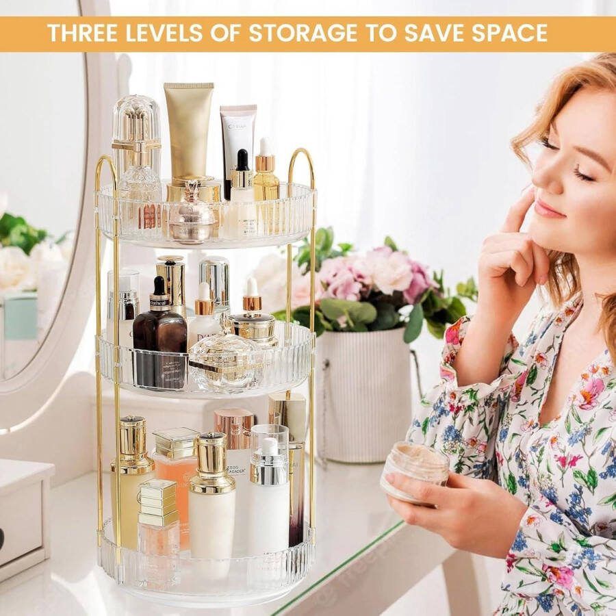 360 roterende make-up organizer met hoge capaciteit parfum huidverzorging badkamer kaptafel houder beige
