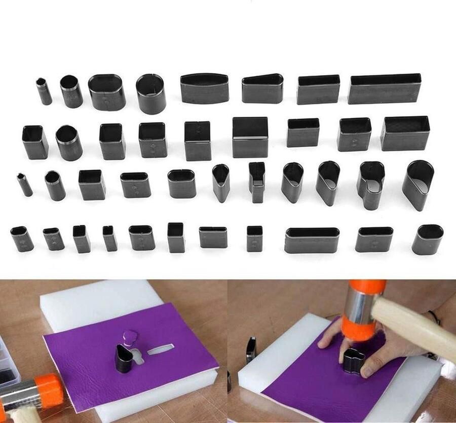 39-delige Snijgereedschapset voor Leer Handwerk Gatvormen Hol Punch van Metaal Boorhamer Henggatijzer Uitsteekvormen voor Uniek Design Inclusief Handwerk Doos Gaatjestang