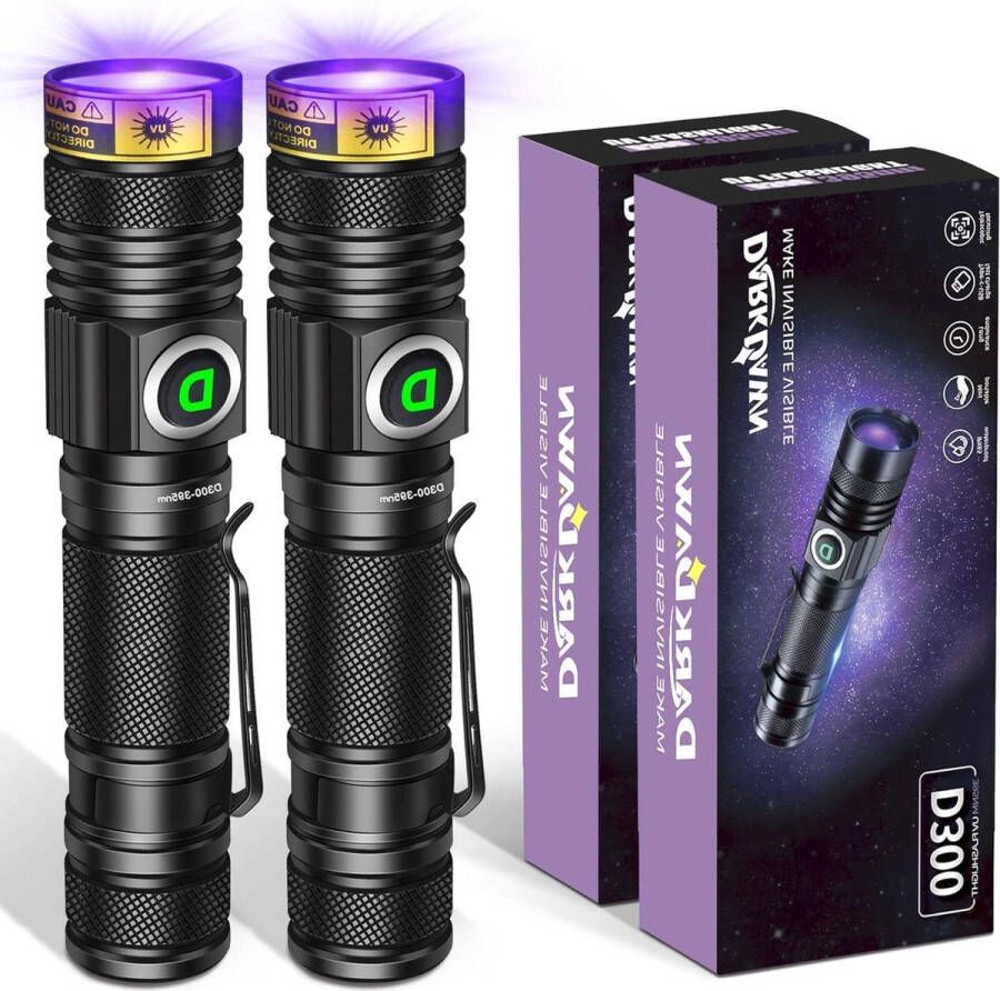 395nm Zwart Licht UV Zaklamp Ultraviolet LED Detector voor Huisdier Urine Vlekken USB Oplaadbaar Draagbare Mini Zaklamp Fluorescerende Hars Genezen D300 2 Pak