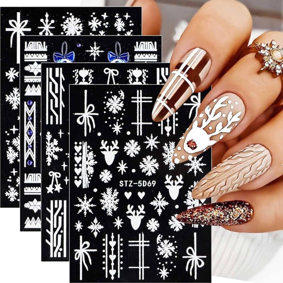 3D Kerst Nagelstickers 4 Vellen Nail Art Nagel Sticker Zelfklevende Decoratie Nageldesign