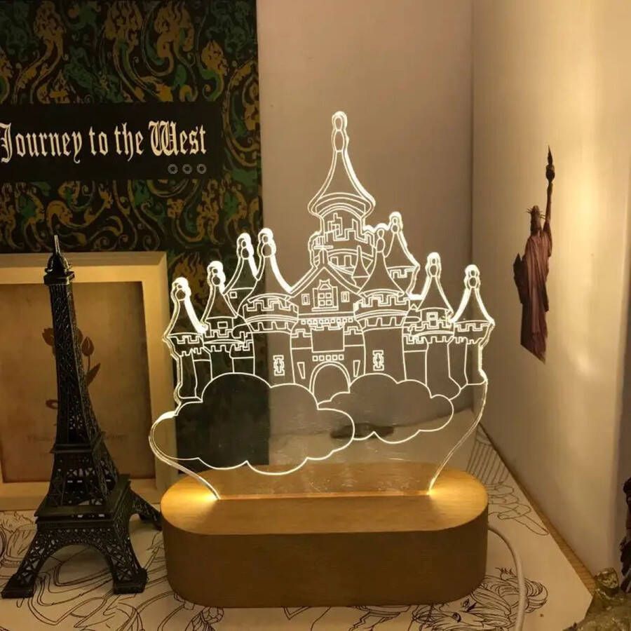 3D Lamp Sprookjeskasteel Lampen Houten basis met Pen Warm Wit Licht LED Verlichting Kamerlamp Nachtlampjes