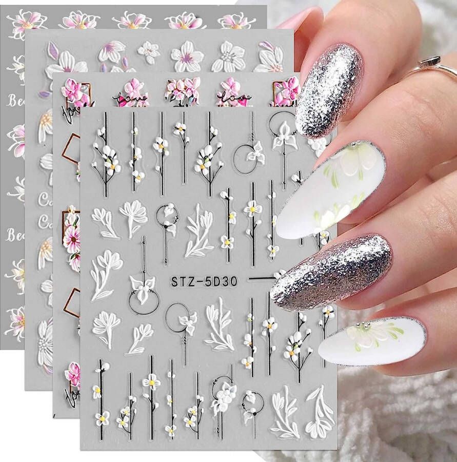 3D Lente Bloem Nagelstickers 4 Vellen Nail Art Nagel Sticker Zelfklevende Decoratie Nageldesign