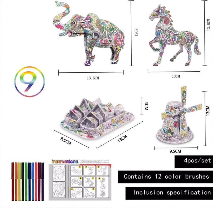 3D puzzel Coloring puzzel Kleurplaat 4 figuren met 12 viltstiften 3D dieren & molen knutselen