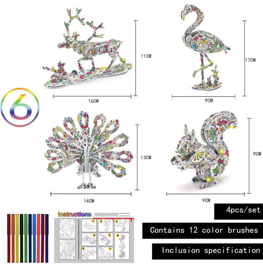 3D puzzel Coloring puzzel Kleurplaat 4 figuren met 12 viltstiften 3D dieren knutselen