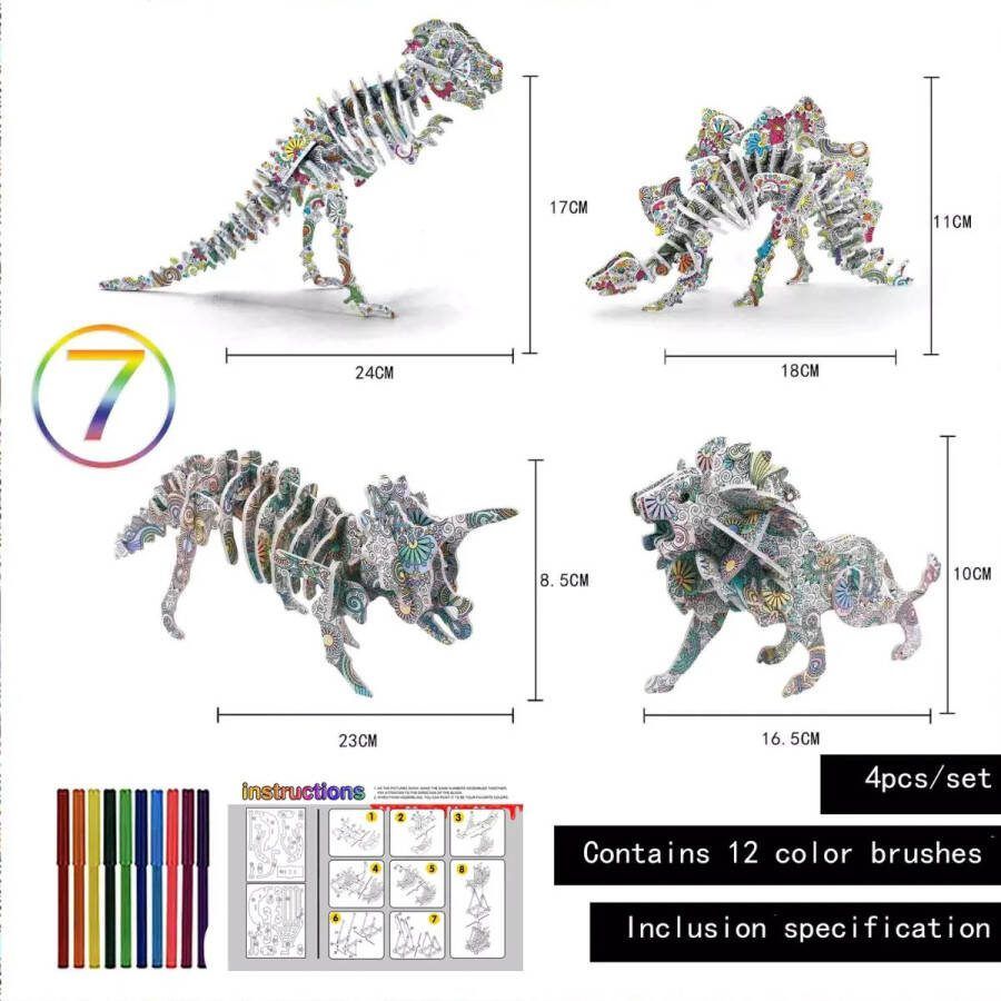 3D puzzel Coloring puzzel Kleurplaat 4 figuren met 12 viltstiften 3D dieren knutselen