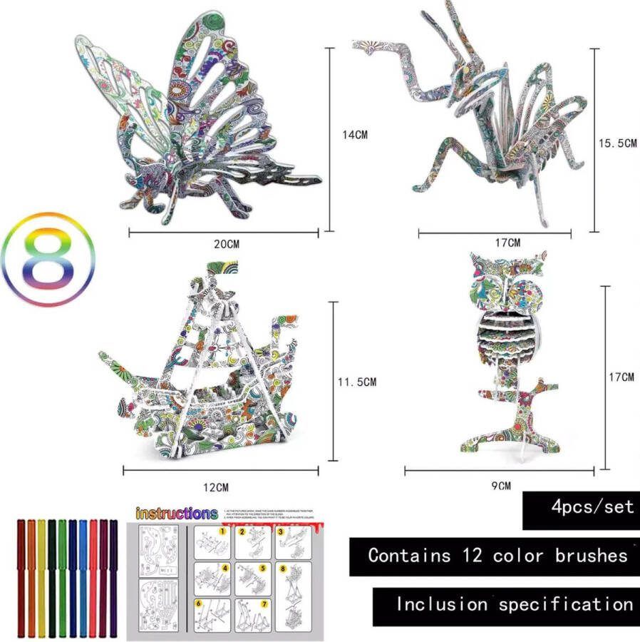 3D puzzel Coloring puzzel Kleurplaat 4 figuren met 12 viltstiften 3D dieren knutselen