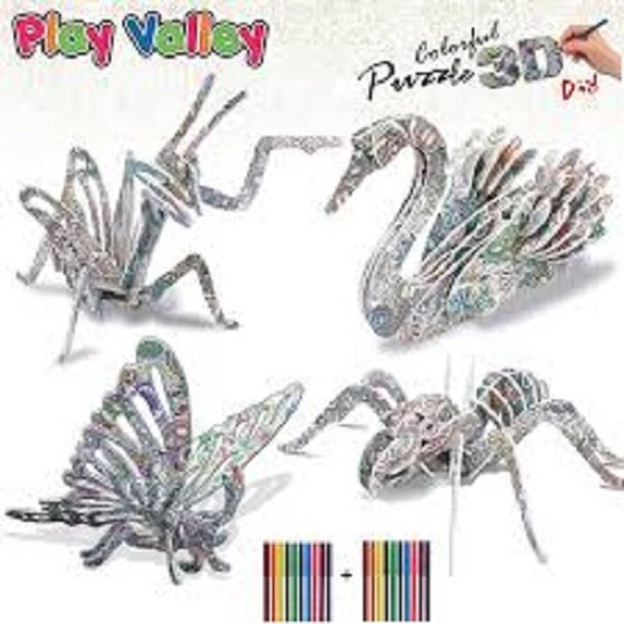 3D puzzel Coloring puzzel Kleurplaat 4 figuren met 12 viltstiften 3D dieren knutselen