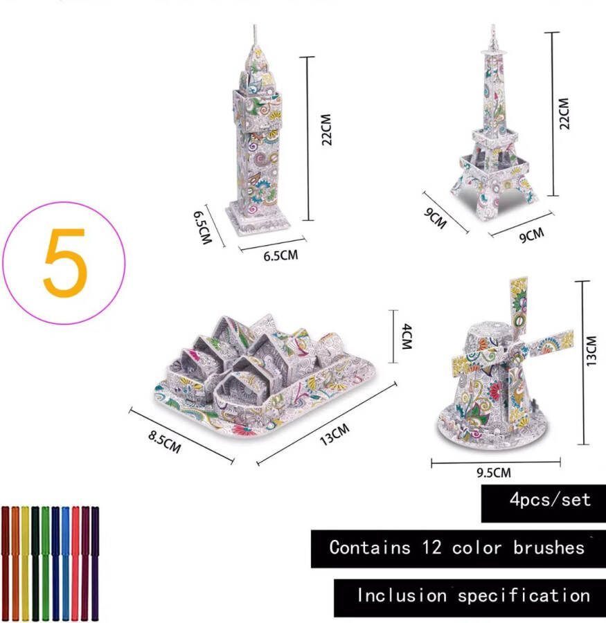 3D puzzel Coloring puzzel Kleurplaat 4 figuren met 12 viltstiften 3D Gebouwen knutselen