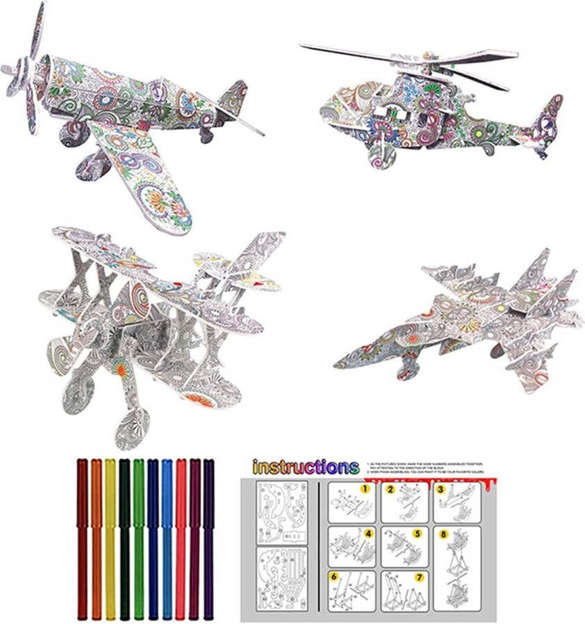 3D puzzel Coloring puzzel Kleurplaat 4 figuren met 12 viltstiften 3D vliegtuigen helikopters knutselen