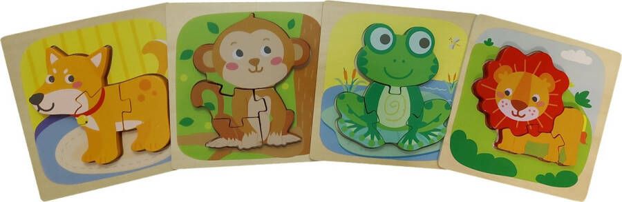 3D Puzzel Dieren Set van 4 stuks – Kinderpuzzel Kikker Hond Aap en Leeuw