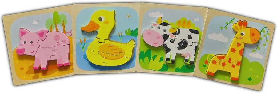 3D Puzzel Dieren Set van 4 stuks – Kinderpuzzel Varken Giraffe Eend en Koe