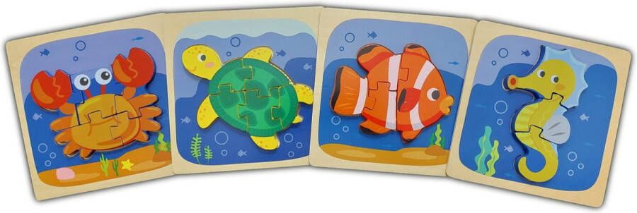 3D Puzzel Zeedieren Set van 4 stuks – Kinderpuzzel Krab Schildpad Vis en Zeepaard