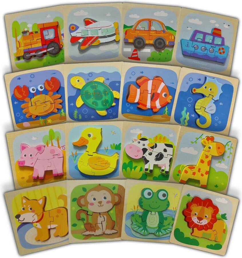 3D Puzzelset XXL Set van 16 stuks – Kinderpuzzels Dieren Zeedieren Voertuigen