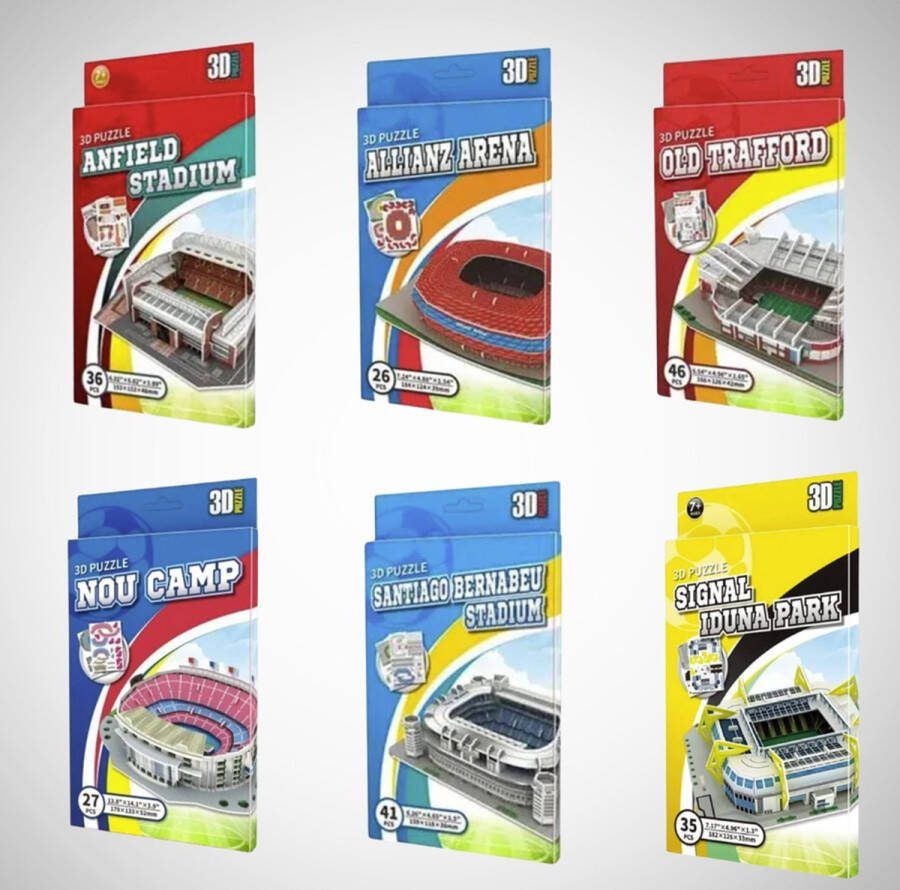3D-Puzzle Ultieme Europese Voetbalstadions Puzzelbundel Set van 6 Voetbalstadions Puzzels FC Barcelona Bayern München Real Madrid Manchester United Borussia Dortmund Liverpool FC Voetbal fan cadeaus