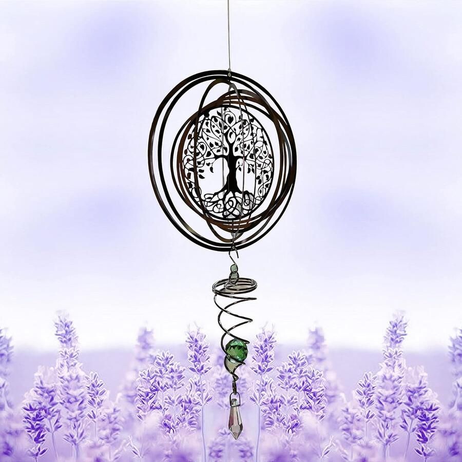 3D tuinwindgong roestvrij staal hangende windgong venster ornamenten roterend windspel windsculpturen om op te hangen met gazing bal spiraalstaart (boom van het leven)