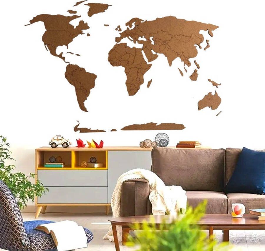 3D Wereldkaart muurdecoratie Wanddecoratie Bruin Houten art Muurdecoratie Line art Wall art Muursticker Wandborden Woonkamer 120x90cm