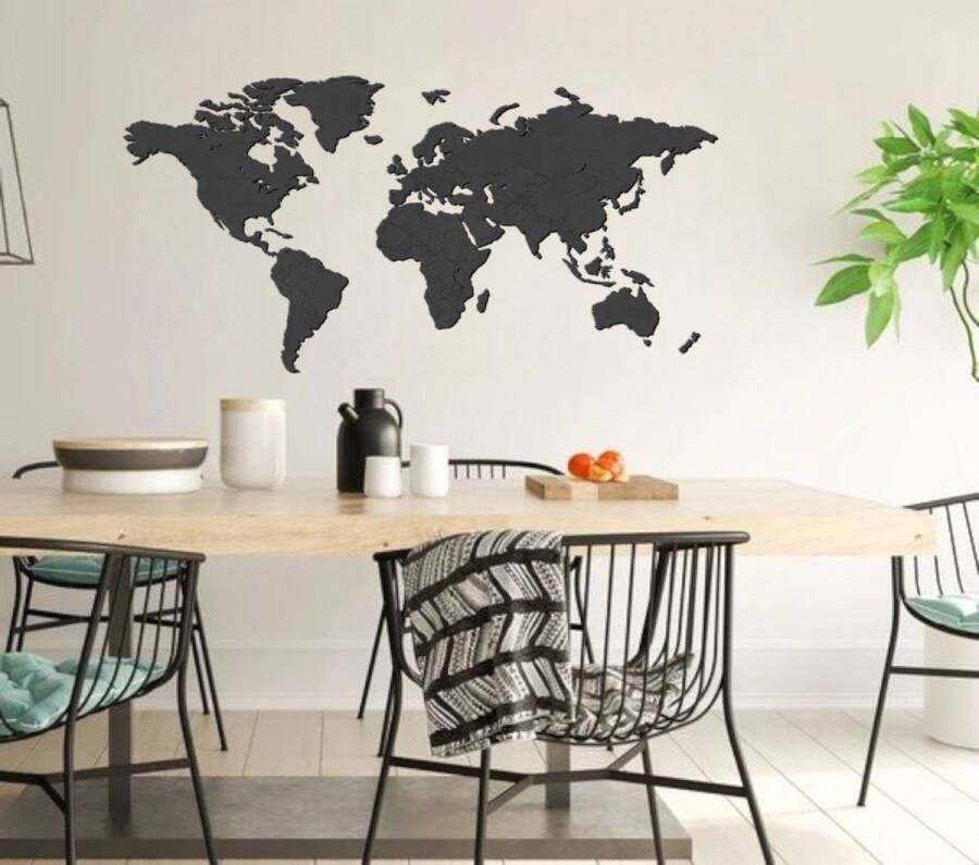 3D Wereldkaart muurdecoratie Wanddecoratie Zwart Houten art Muurdecoratie Line art Wall art Muursticker Wandborden Woonkamer 120x90cm