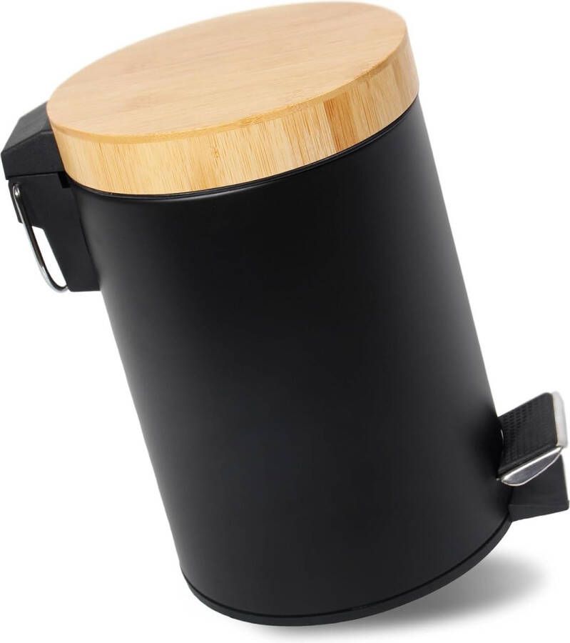 3L Badkamer prullenbak met houten deksel Cosmetische prullenbak met zacht sluitmechanisme Badkamer prullenbak Afvalbak Badkamer (Zwart 3L)
