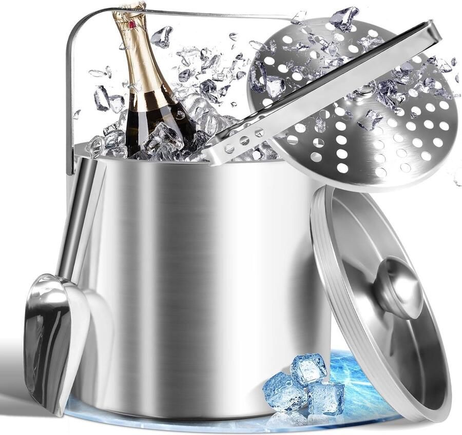 3L roestvrijstalen ijsblokjesbak met deksel tang en zeef dubbelwandige ijsemmer voor ijsblokjes ijsemmer voor koude dranken ijskoeler perfect voor bier champagne wijn