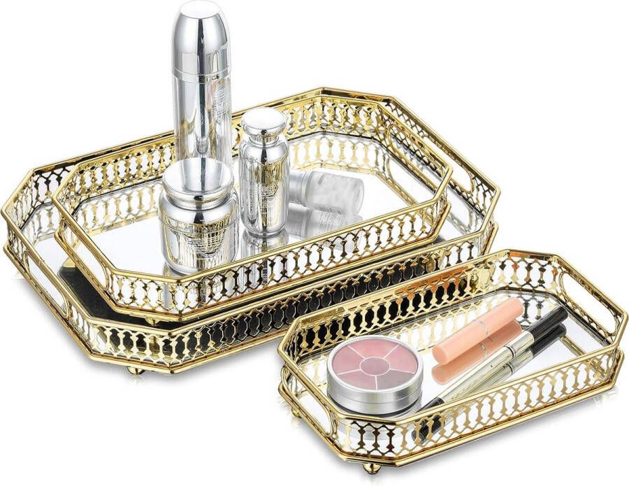 3pcs Gold Mirror Tray Perfume Makeup Organizer Tray Candle Holder Plate Vanity Tray Drawer Tray Metal Decorative Tray for Living Room Bathroom Bedroom
