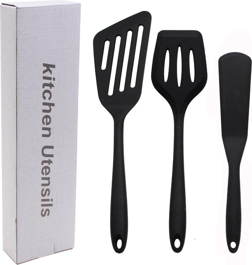 3stuks Spatel Silicone Spatel set 3 stuks Keukengerei set Keukengerei Siliconen spatel set keuken gerei (Zwart) Pannenlikker Wokspatel Koken en Bakken